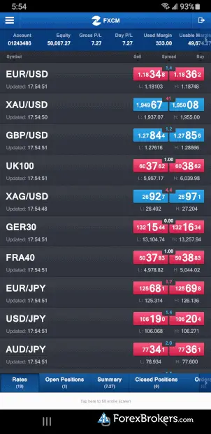 FXCM Trading Station手機應用程序監視列表