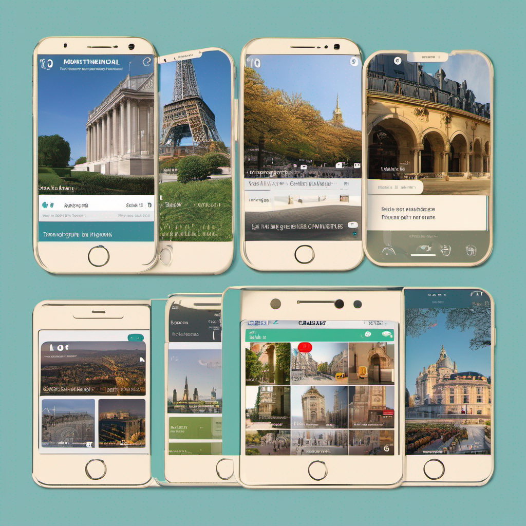 一系列顯示巴黎不同圖像的手機，作為學習法語的實用幫助。