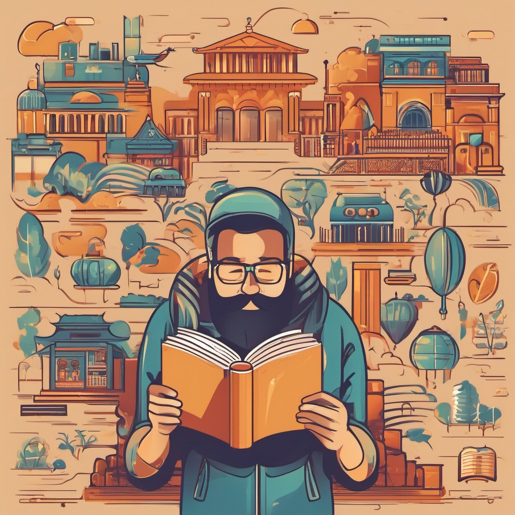 一名男子在空閒時間在城市前讀書，利用有效的策略和技巧來學習語言。