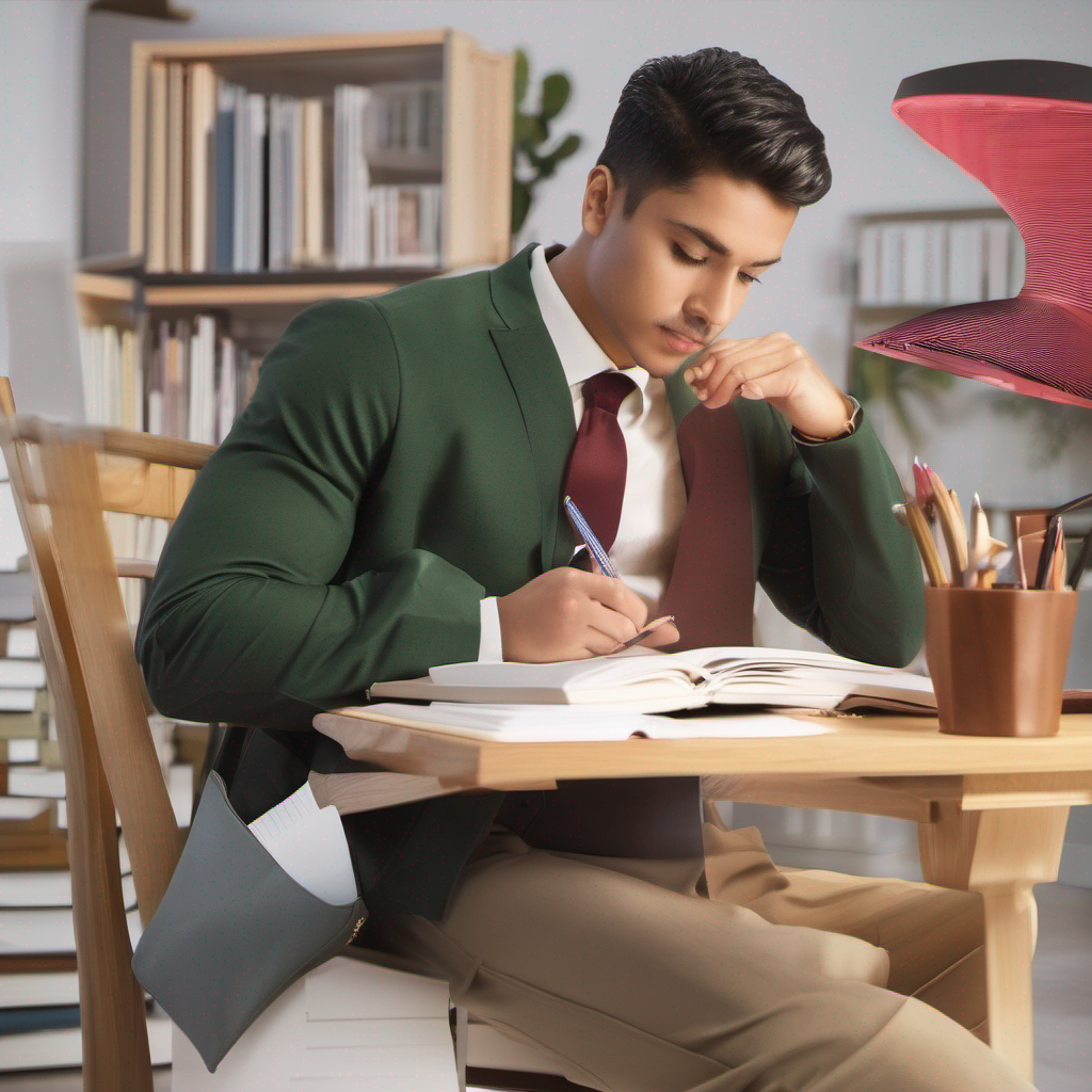 一個男人用桌子上的一本書和一盞燈來組織和計劃他的語言學習