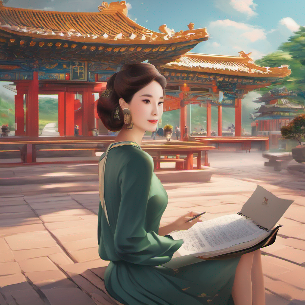 中國女孩在寶塔前讀書。