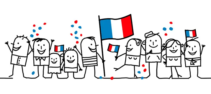 一群人舉著法國國旗的圖畫，強調在家自學法語的重要性。