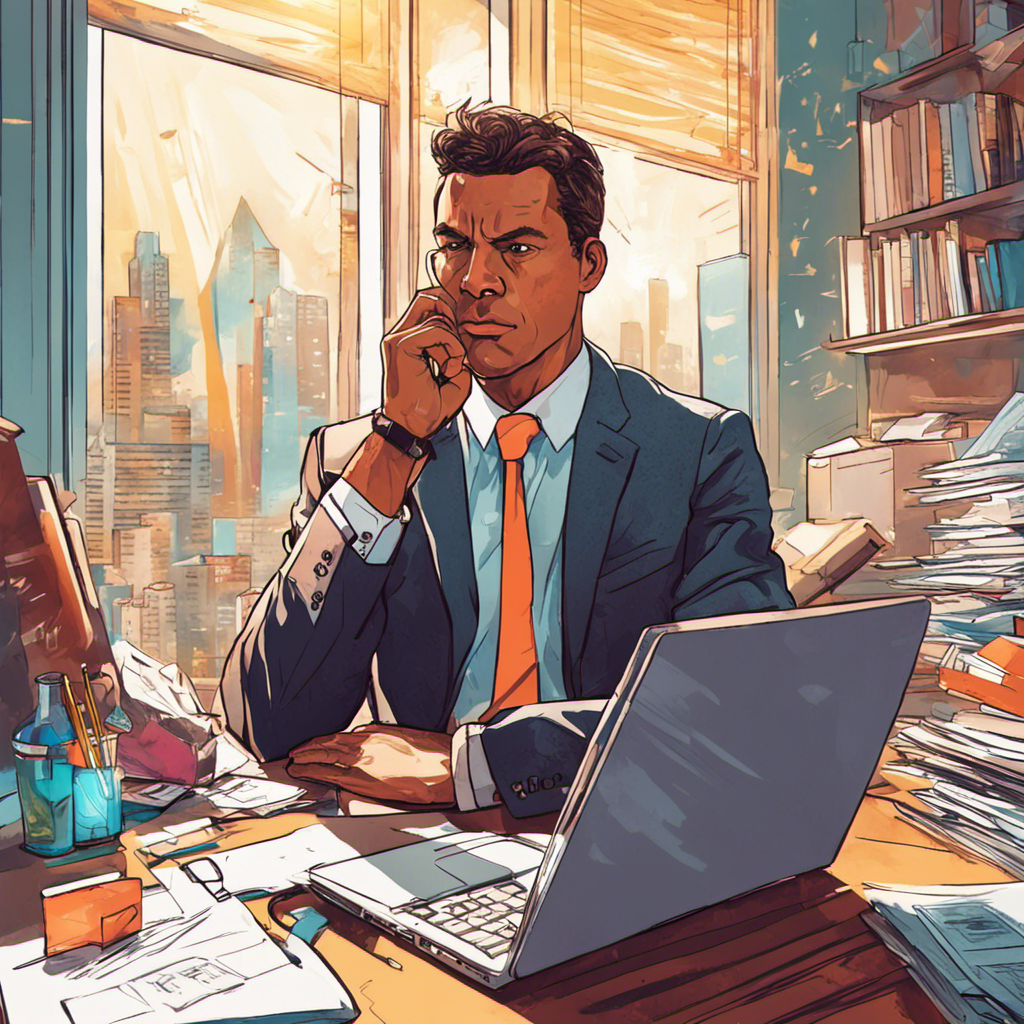 卡通插圖描繪了一位商人坐在辦公桌前，提供掌握語法技能的專家提示。