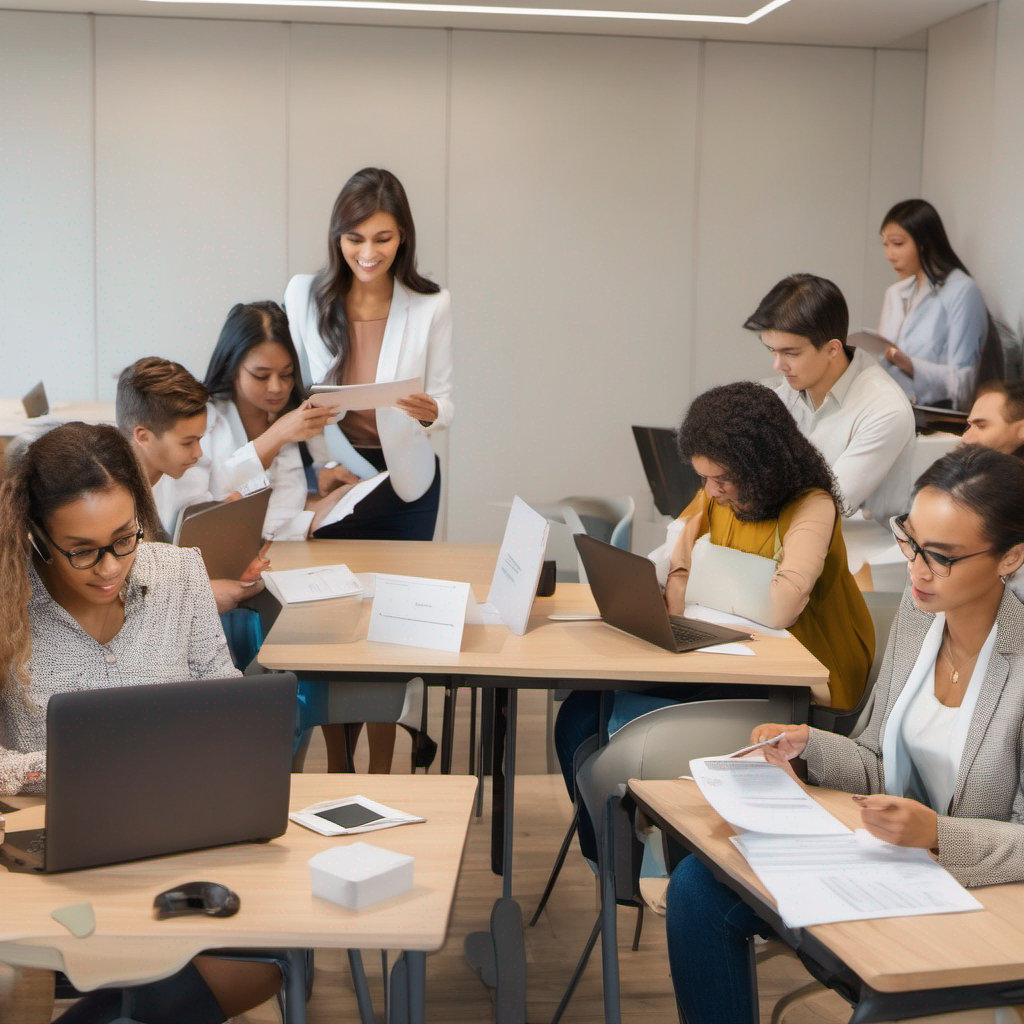 一群人在教室裡使用筆記本電腦工作，強調語言能力測試的重要性。