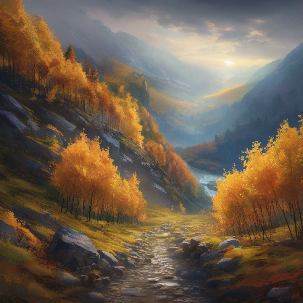 一幅描繪秋天風景的畫，以樹木和岩石為特色。