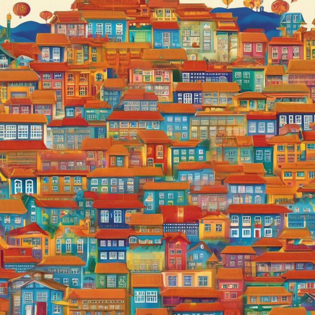 一幅充滿活力的城市風景畫，有五彩繽紛的房屋。