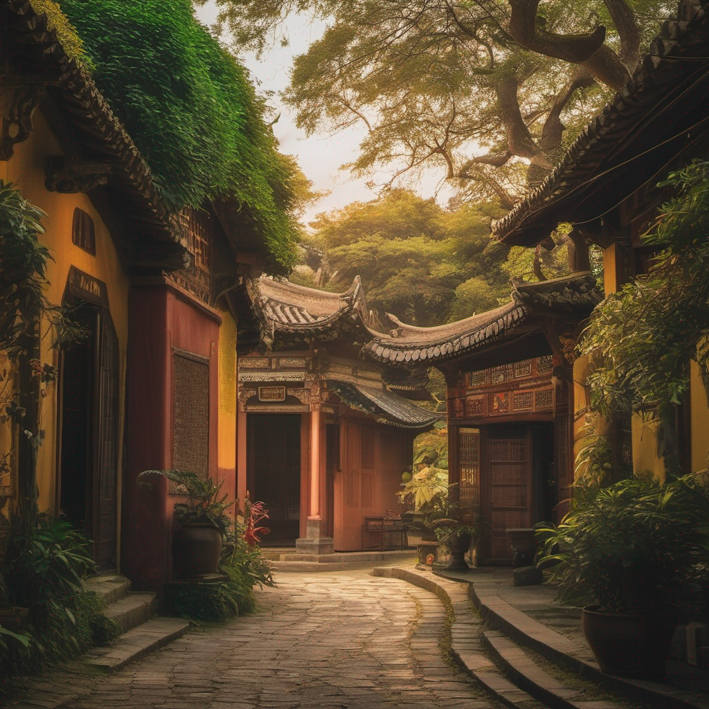 電影裡中國一條歷史悠久的街道，植被茂盛。