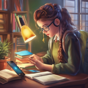 一個女孩正在書桌前學習，桌上放著書本和檯燈，專注於在學習新語言的同時減少干擾。
